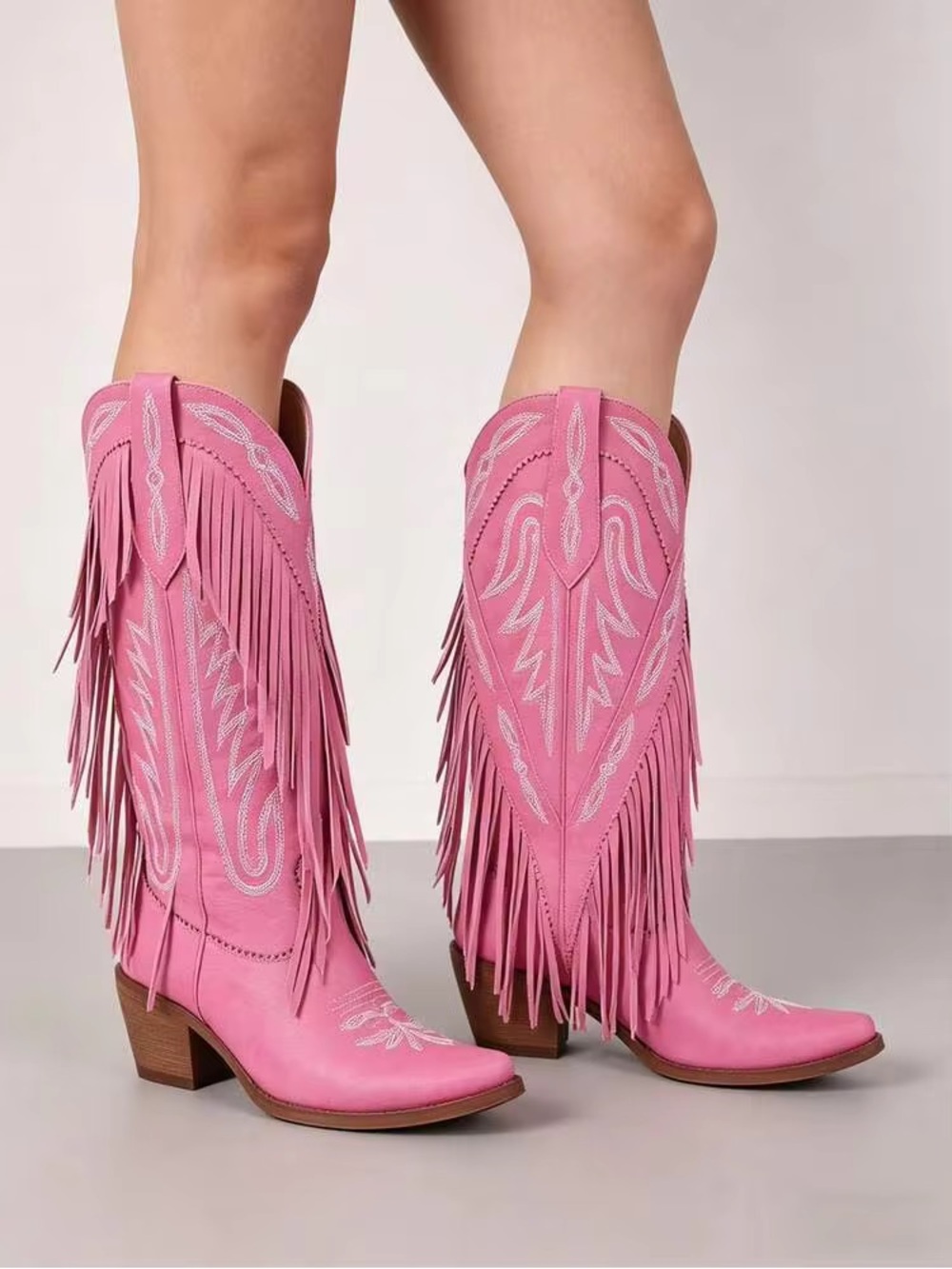 Cowboy Boots For Women Tassel Decoration Solid Color Pointed Toe Mid-Calf Heel B